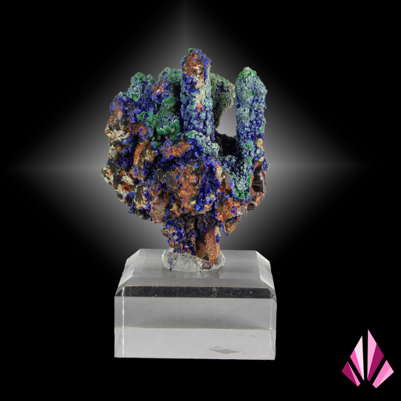 Association d’azurite bleu profond, malachite verte et quartz du Maroc sur socle acrylique