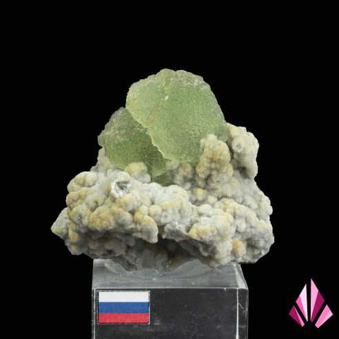 Fluorite on quartz from Dalnegorsk, Russia, displayed on a base (#602)