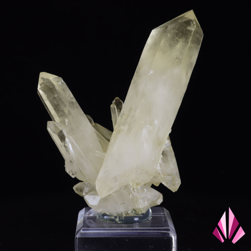 Front view of a French quartz crystal cluster on a clear stand