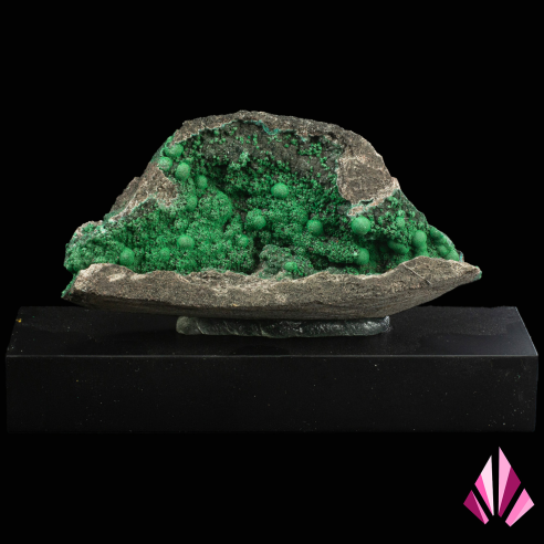 Malachite de Shaba, RD Congo, géode aux agrégats botryoïdaux verts sur socle