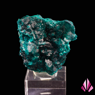 Dioptase from Mindouli, Republic of the Congo, emerald-green crystals on dark matrix and acrylic base