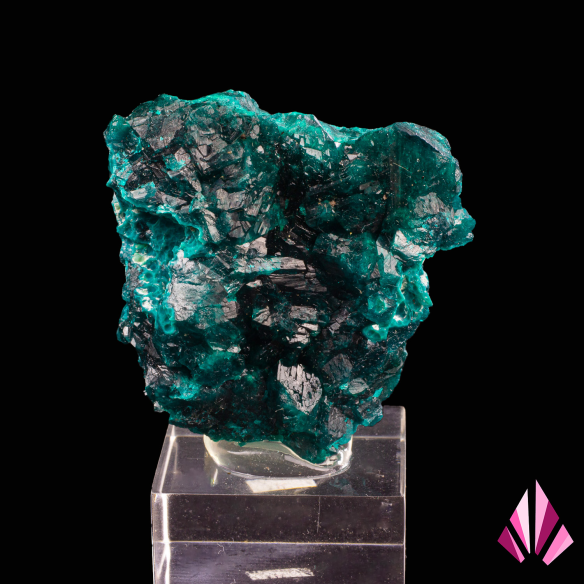 Dioptase from Mindouli, Republic of the Congo, emerald-green crystals on dark matrix and acrylic base