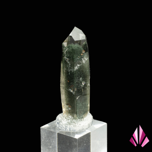 Quartz point with chlorite inclusions from the French Alps, main view on acrylic base