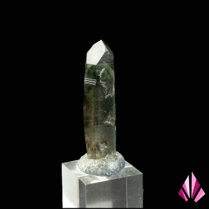 Quartz point with chlorite inclusions from the French Alps, main view on acrylic base 2