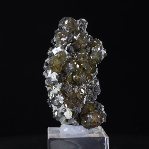 Cléophane et blende verte avec galène sur gangue blanche, Madan, Bulgarie – vue de face