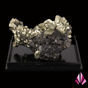 Pyrite et galène de Zlatograd, Bulgarie, cristaux métalliques dorés et gris présentés dans une boîte en plexiglas
