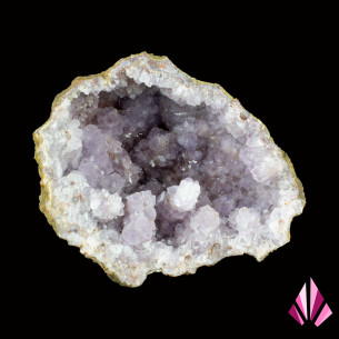 Moroccan amethyst geode, front view of the cavity lined with purple crystals