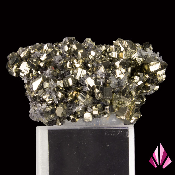 Pyrite on quartz from Zlatograd, Bulgaria, main view of the lustrous crystals.