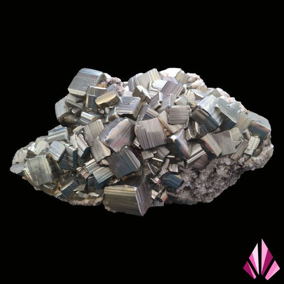 Very large pyrite covered with bright cubic crystals on a pale matrix, overall view.