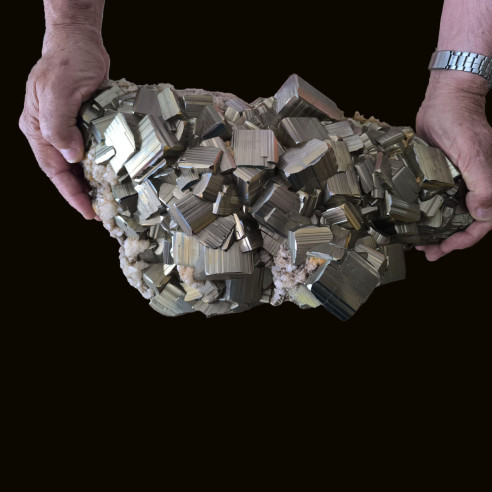 Très grande pyrite tenue horizontalement, avec de nombreux cristaux cubiques striés.