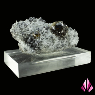 Cleiophane on quartz from Madan, Bulgaria, large dark crystal dominating a quartz crystallization