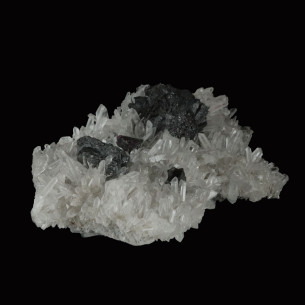 Blende noire sur quartz de Madan, Bulgarie, amas de sphalérite noire sur cristaux de quartz 2