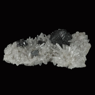 Black sphalerite on quartz from Madan, Bulgaria, dark sphalerite clusters on quartz crystals