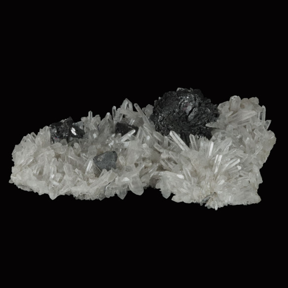 Black sphalerite on quartz from Madan, Bulgaria, dark sphalerite clusters on quartz crystals